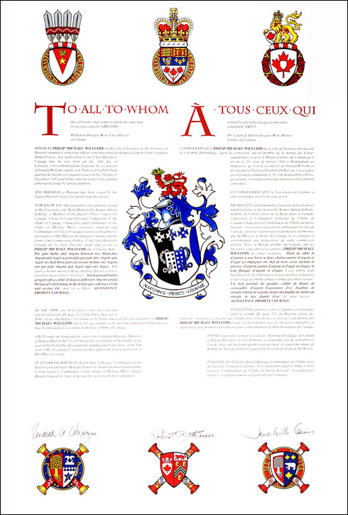 Letters patent granting heraldic emblems to Philip Michael Williams