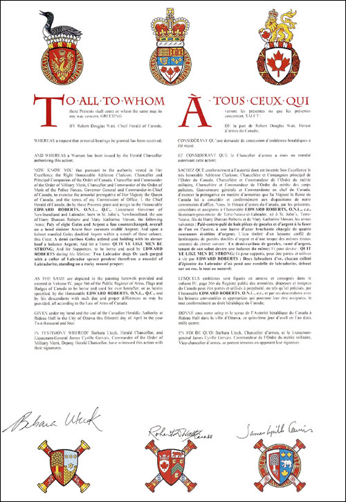 Letters patent granting heraldic emblems to Edward Roberts