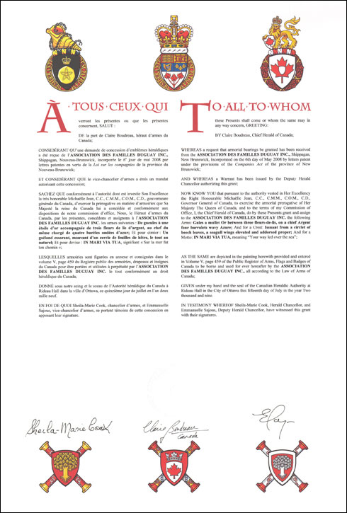 Lettres patentes concédant des emblèmes héraldiques à l'Association des familles Duguay Inc.