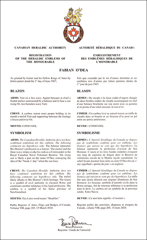 Letters patent registering the heraldic emblems of Fabian O’Dea