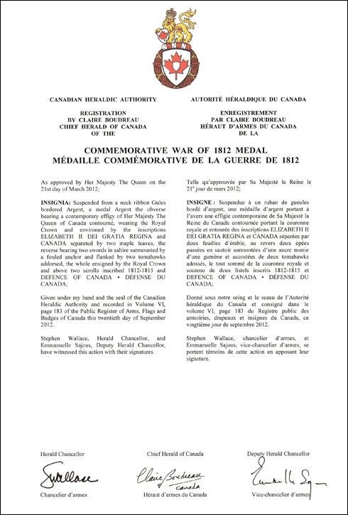 Lettres patentes enregistrant la Médaille commémorative de la guerre de 1812