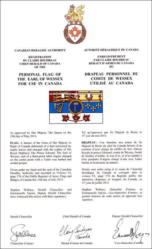 Letters patent registering the personal Flag of The Earl of Wessex for use in Canada