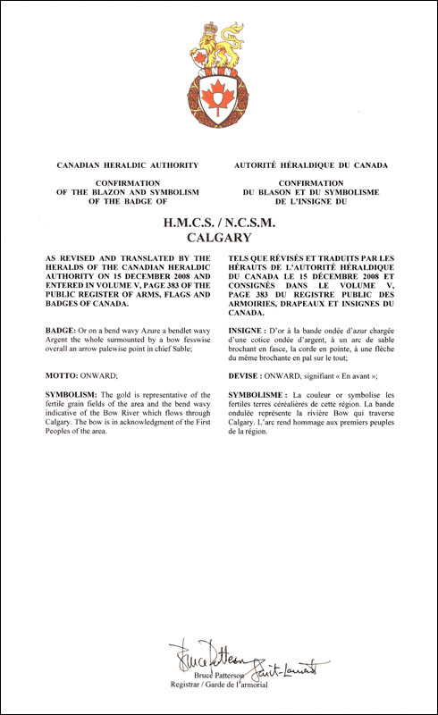 Letters patent confirming the blazon of the Badge of HMCS Calgary