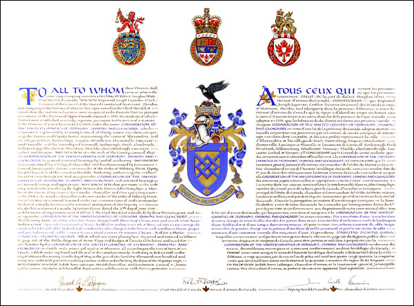 Letters patent granting heraldic emblems to the Corporation of the United Counties of Stormont, Dundas and Glengarry