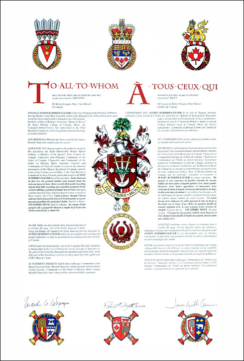 Letters patent granting heraldic emblems to Justin Schmidt-Clever