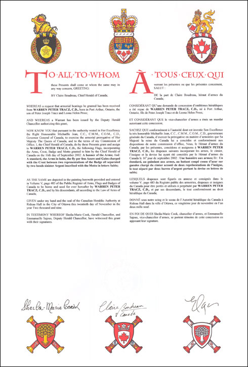 Letters patent granting heraldic emblems to Warren Peter Tracz