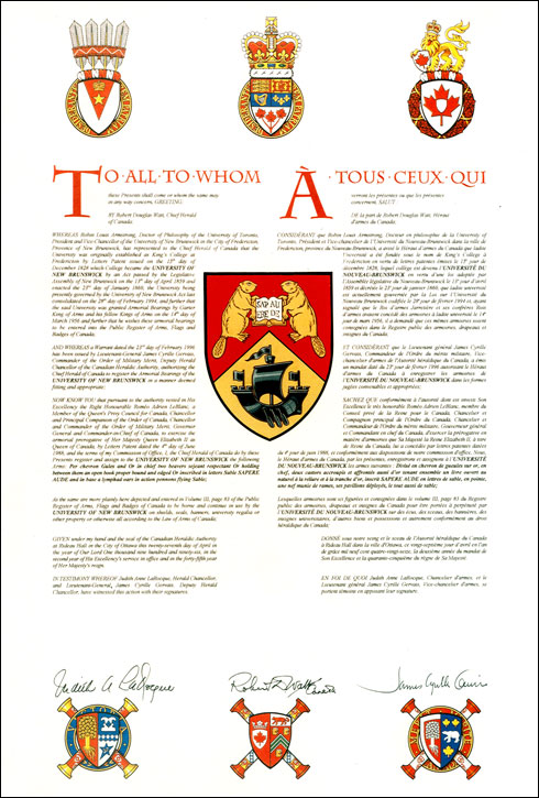 Letters patent registering the heraldic emblems of University of New Brunswick