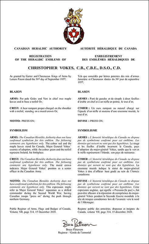 Lettres patentes enregistrant les emblèmes héraldiques de Christopher Vokes