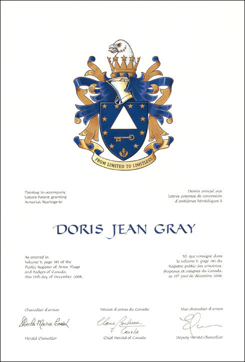 Lettres Patent granting heraldic emblems to Doris Jean Gray