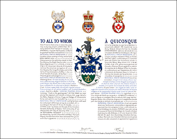 Lettres patentes concédant des emblèmes héraldiques à Mitchell David Anderson