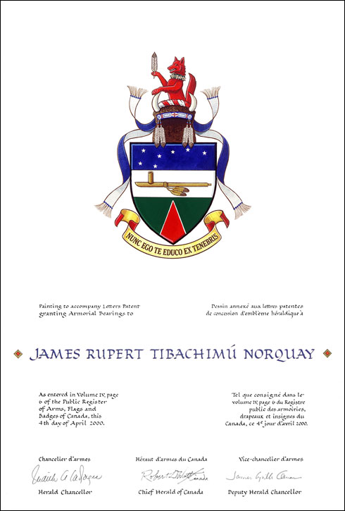 Lettres patentes concédant des emblèmes héraldiques à James Rupert Tibachimú Norquay