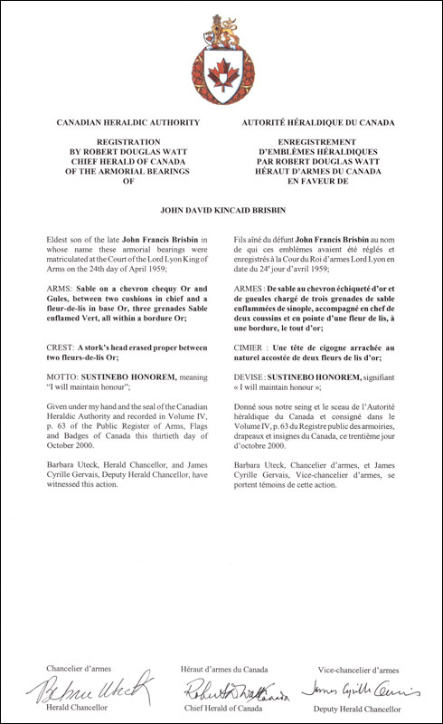 Lettres patentes enregistrant les emblèmes héraldiques de John David Kincaid Brisbin