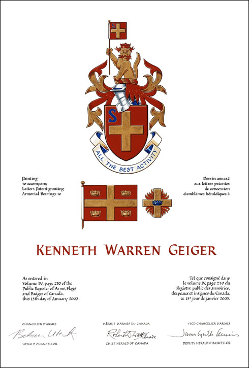 Letters patent granting heraldic emblems to Kenneth Warren Geiger