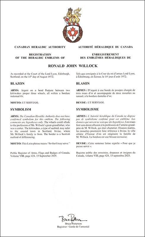 Lettres patentes enregistrant les emblèmes héraldiques de Ronald John Willock