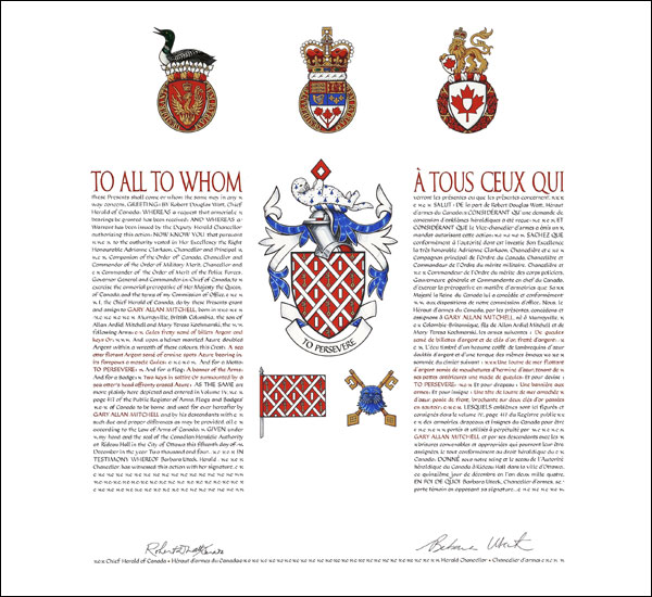 Letters patent granting heraldic emblems to Gary Mitchell