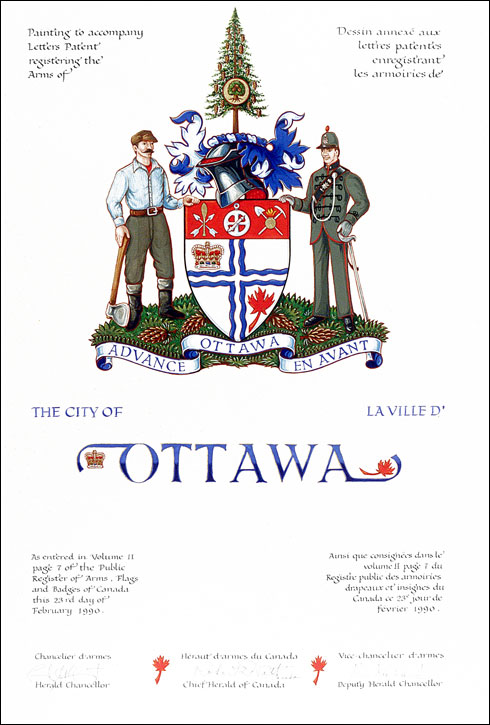 Letters patent registering the heraldic emblems of the City of Ottawa