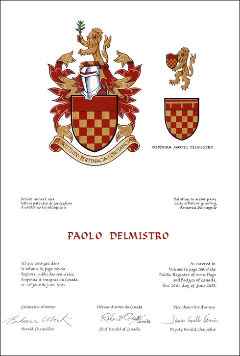 Letters patent granting heraldic emblems to Paolo delMistro