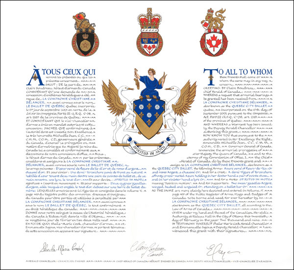 Letters patent granting heraldic emblems to La Compagnie Christiane Bélanger (Quebec City Ballet)