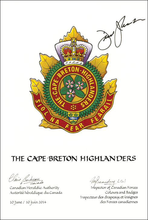 Lettres patentes approuvant l’insigne de The Cape Breton Highlanders