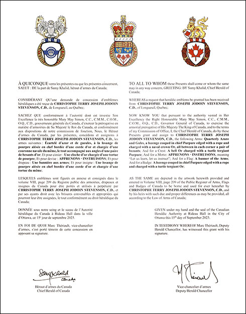 Lettres patentes concédant des emblèmes héraldiques à Christophe Terry Joseph Jodoin Stevenson