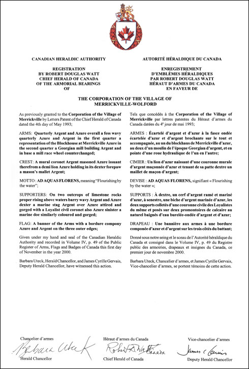 Lettres patentes enregistrant les emblèmes héraldiques de The Corporation of the Village of Merrickville-Wolford