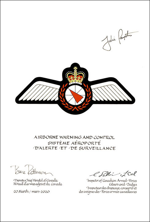 Letters patent approving the heraldic emblems of Airborne Warning and Control of the Canadian Armed Forces