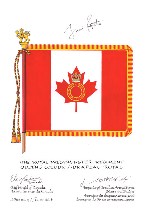Letters patent approving the heraldic emblems  of The Royal Westminster Regiment