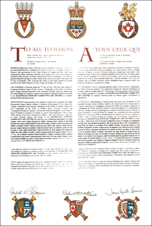 Letters patent registering the heraldic emblems of the Macdonald Stewart Community Art Centre