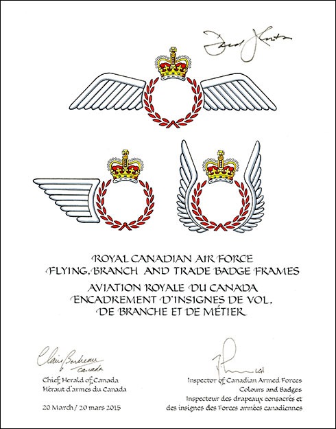 Lettres patentes enregistrant l'encadrement d'insigne pour les unités de vol de l’Aviation royale du Canada