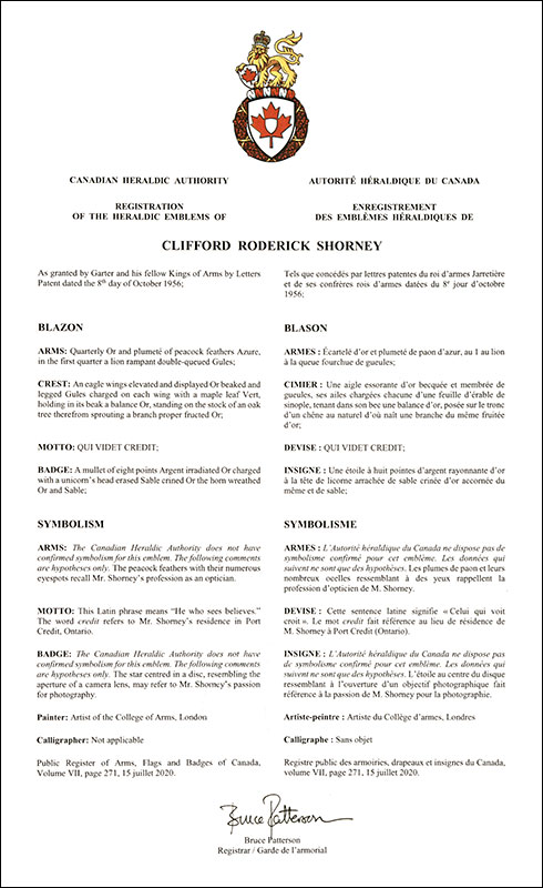 Lettres patentes enregistrant les emblèmes héraldiques de Clifford Roderick Shorney