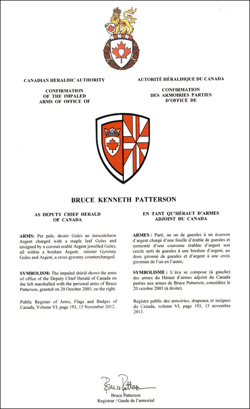 Lettres patentes confirmant les armoiries de Bruce Kenneth Patterson comme héraut d'armes adjoint du Canada