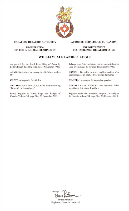 Lettres patentes enregistrant les emblèmes héraldiques de William Alexander Logie
