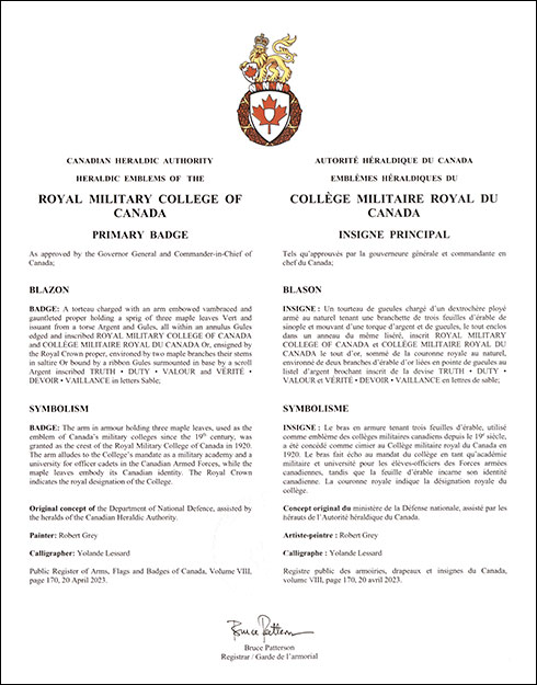 Letters patent approving the Badge of the Royal Military College of Canada