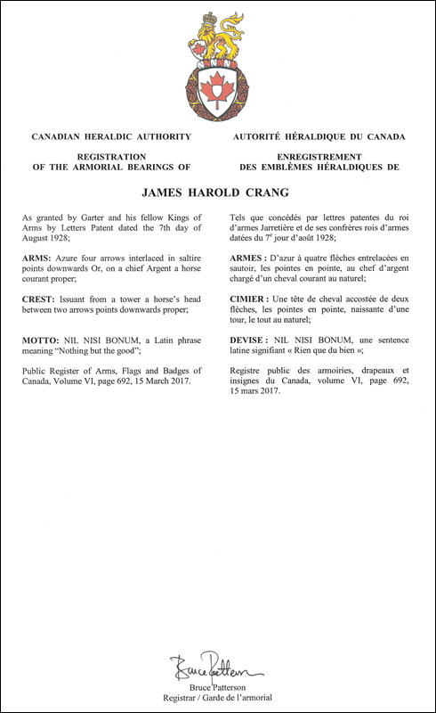 Lettres patentes enregistrant les emblèmes héraldiques de James Harold Crang