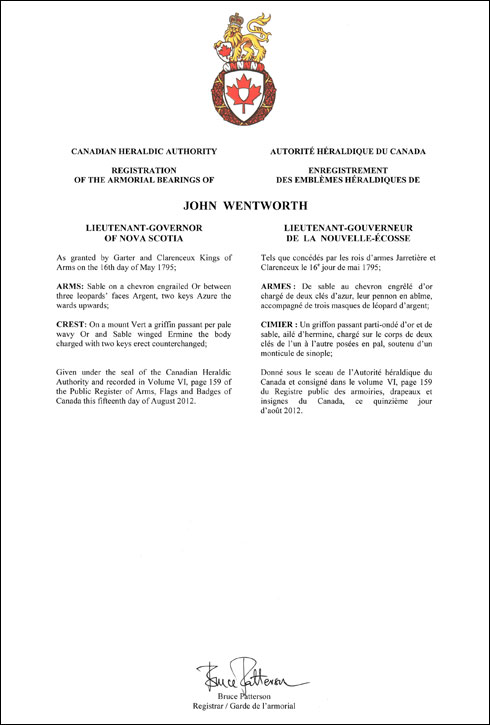 Lettres patentes enregistrant les emblèmes héraldiques de John Wentworth