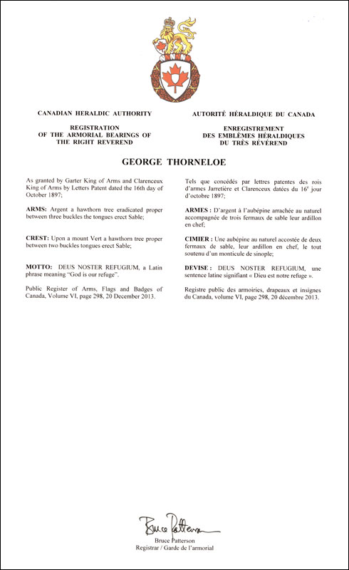 Letters patent registering the heraldic emblems of George Thorneloe