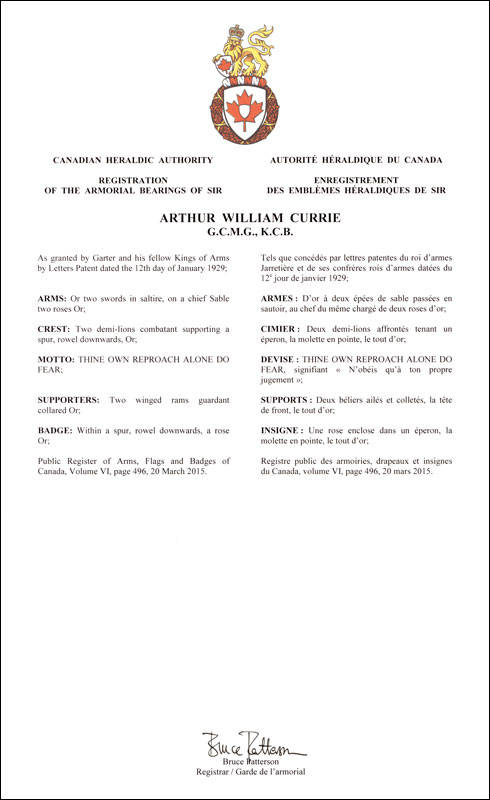Lettres patentes enregistrant les emblèmes héraldiques d'Arthur William Currie