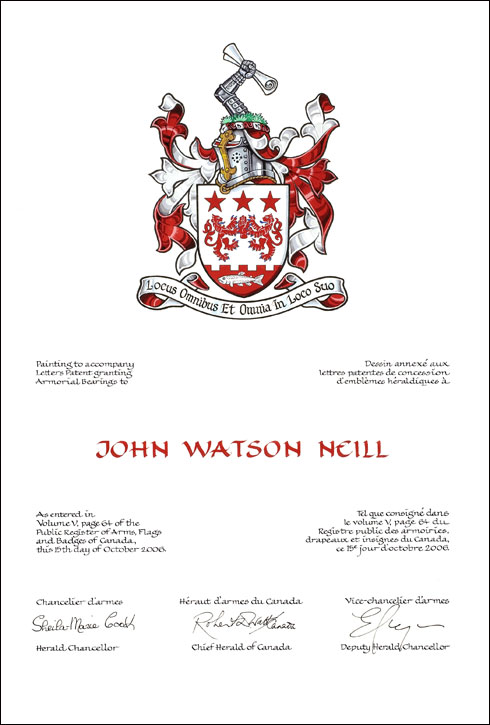 Lettres patentes concédant des emblèmes héraldiques à John Watson Neill