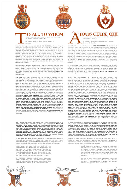 Letters patent granting heraldic emblems to Avril Kim Campbell