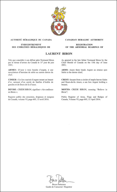 Letters patent registering the heraldic emblems of Laurent Biron