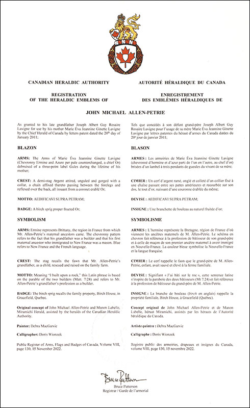 Lettres patentes enregistrant les emblèmes héraldiques de John Michael Allen-Petrie