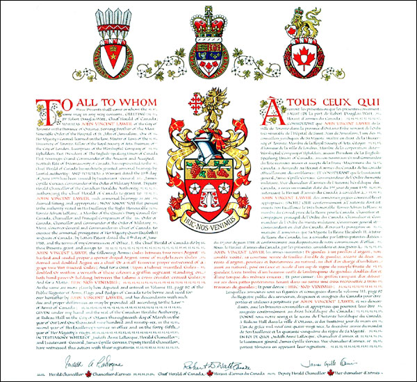 Lettres patentes concédant des emblèmes héraldiques à John Vincent Lawer