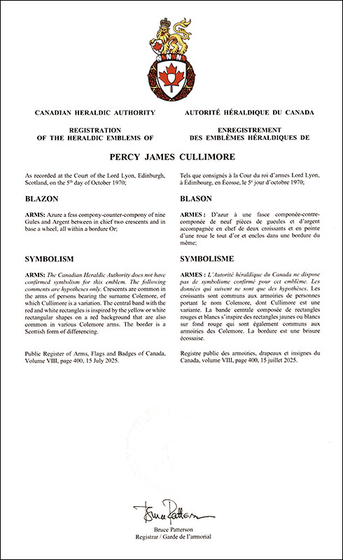 Lettres patentes enregistrant les emblèmes héraldiques de Percy James Cullimore