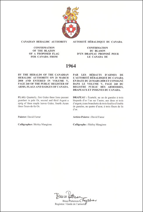 Lettres patentes confirmant le blasonnement du drapeau proposé: 1964