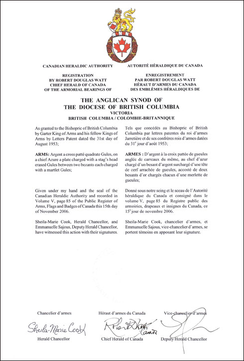 Lettres patentes enregistrant les emblèmes héraldiques de The Anglican Synod of the Diocese of British Columbia