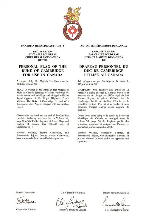 Lettres patentes enregistrant le drapeau du Duc de Cambridge utilisé au Canada