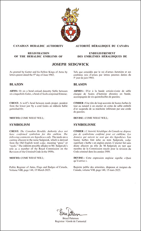 Lettres patentes enregistrant les emblèmes héraldiques de Joseph Sedgwick