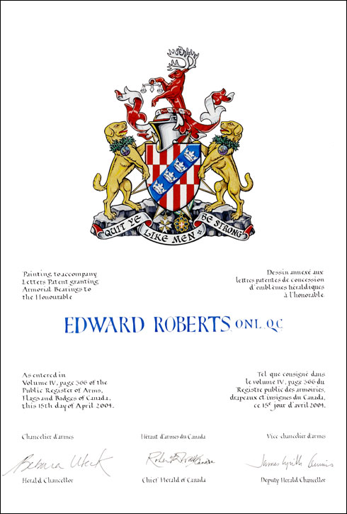 Letters patent granting heraldic emblems to Edward Roberts