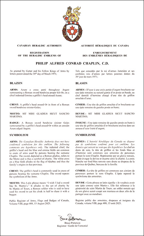 Lettres patentes enregistrant les emblèmes héraldiques de Philip Alfred Conrad Chaplin