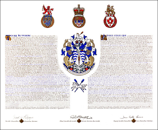 Lettres patentes enregistrant les emblèmes héraldiques du The Royal St. John's Regatta Committee